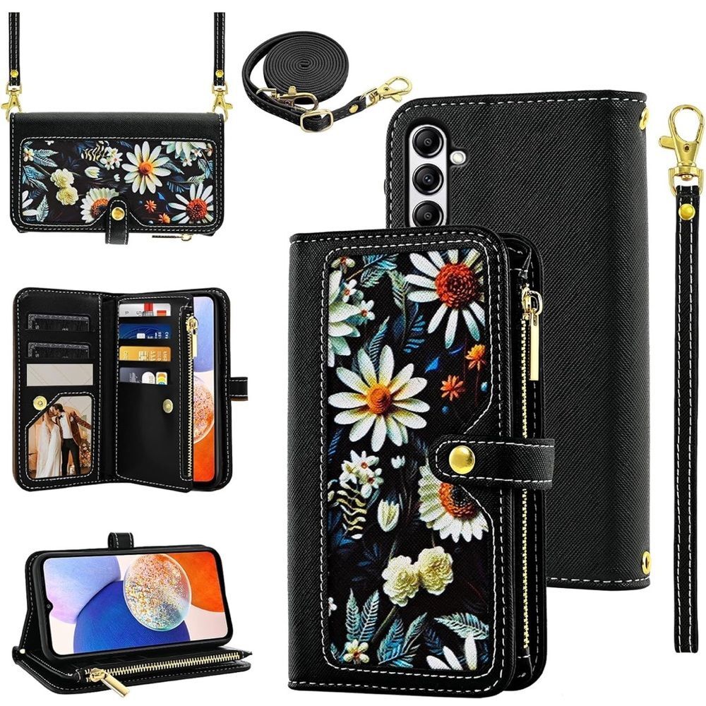 Samsung Galaxy A14 M14 5G Wallet Case Floral Wristlet Black Card Holder FC5